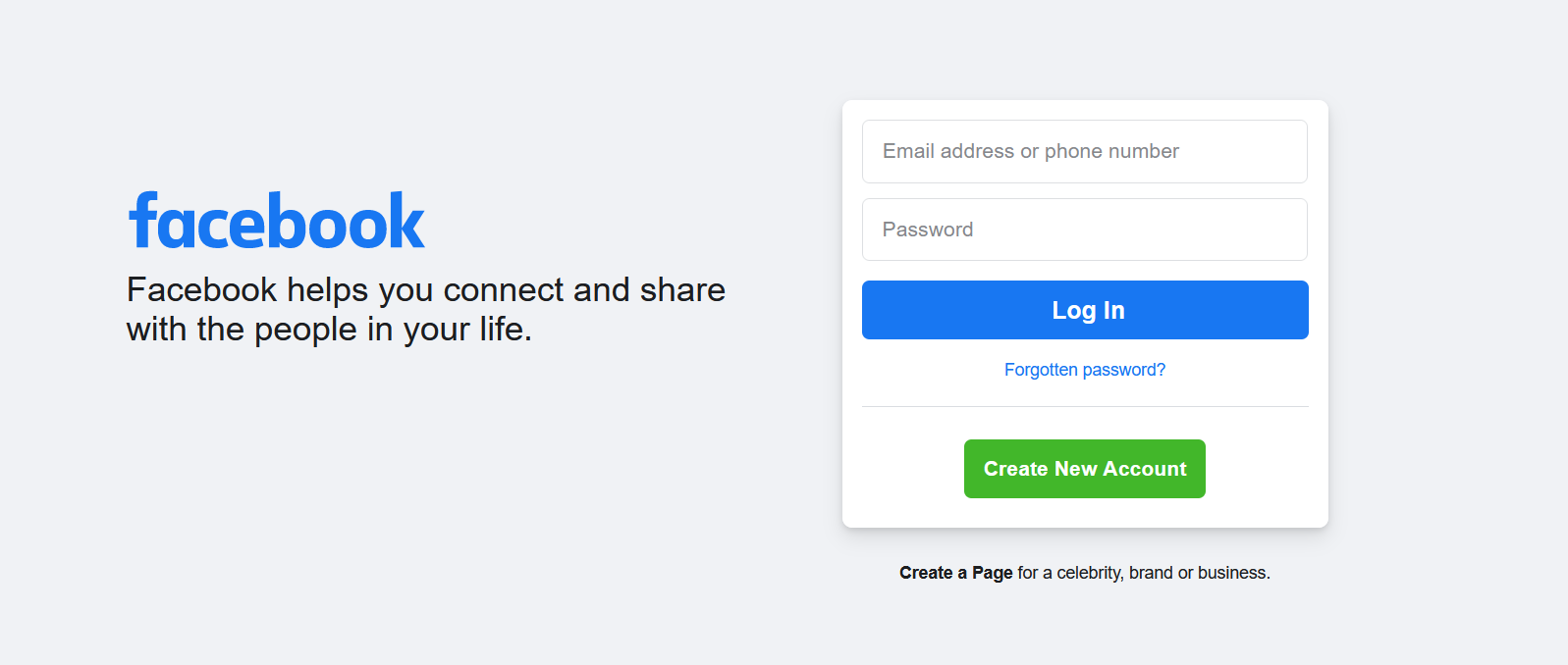 Facebook login page